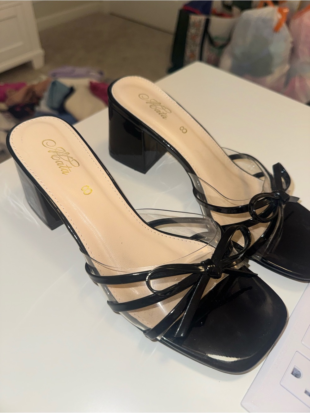 Stellah Black Patent Bow Block Heel Mules